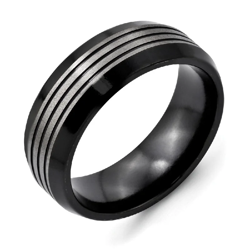 sun and moon rings for women -8mm Two-Tone Striped Beveled Edge Band in Black Titanium