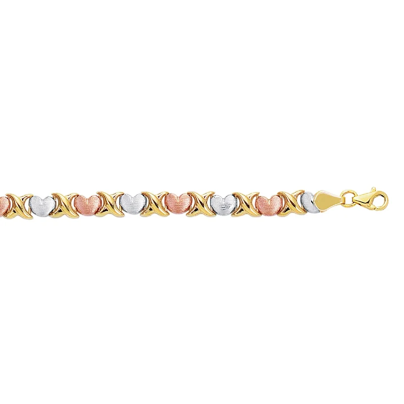 wedding pearl bracelets for women -14kt 7.25 inches Yellow+White+Rose Gold Textured Shiny Tri Color Hugs+Kisses Bracelet with Pear Shape Clasp