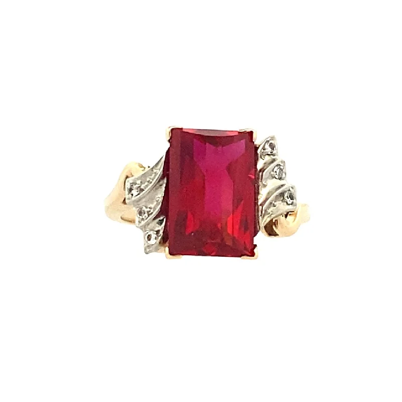 gemstone rings for women -Estate Synthetic Ruby and Simulated Diamond Ring in Yellow Gold