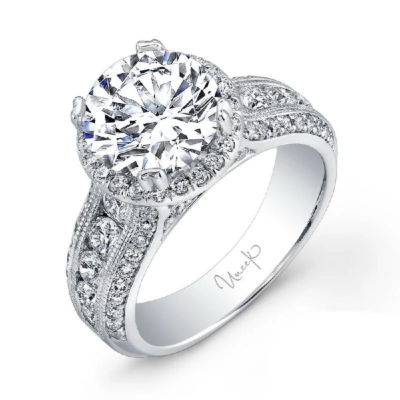 split shank engagement rings -Uneek Round Diamond Wide-Band Halo Engagement Ring with Milgrain Accents and Three-Row Channel- and Pave-Set Melees