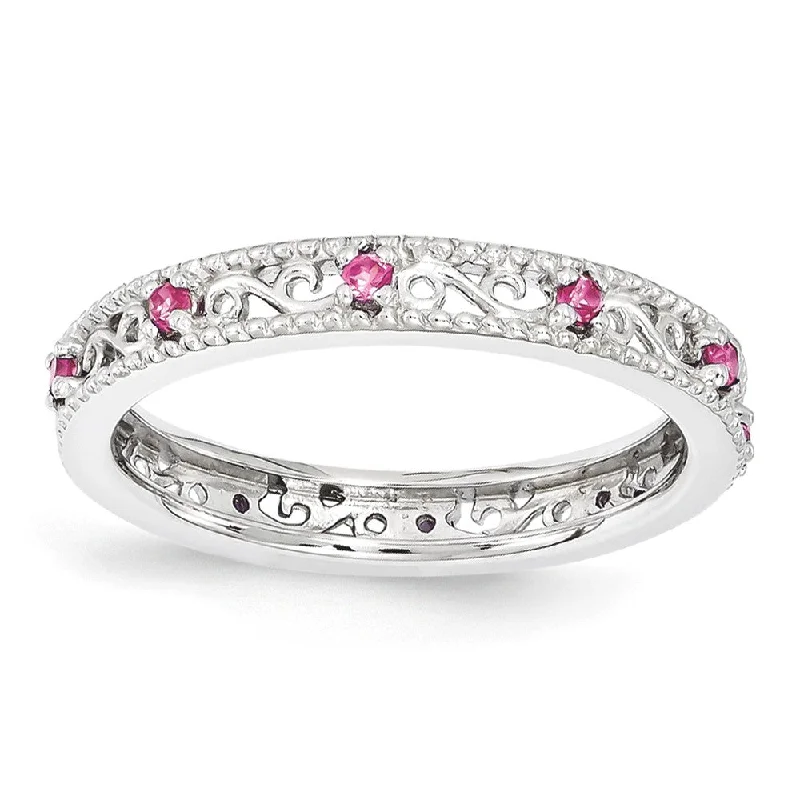 high-end rings for women -3mm Sterling Silver Stackable Created Pink Sapphire Scroll Band