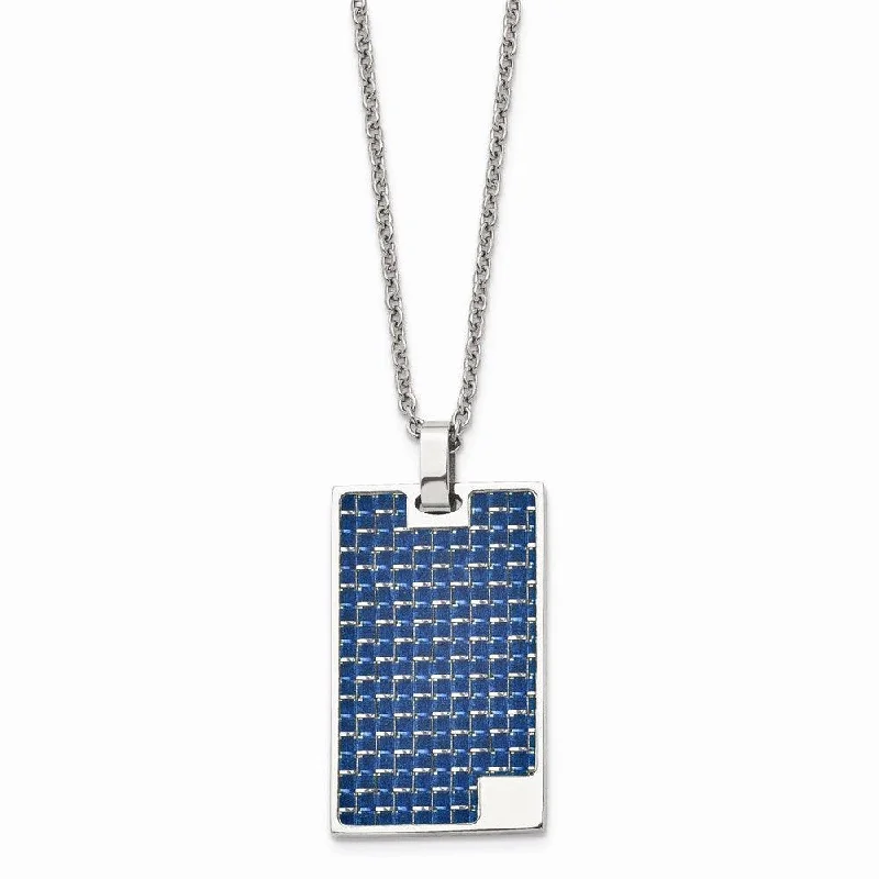 nameplate necklaces for women -Stainless Steel Polished with Blue Carbon Fiber Inlay Dog Tag Necklace