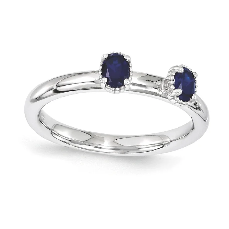 opal rings for women -Sterling Silver Stackable Created Sapphire Oval Two Stone Ring