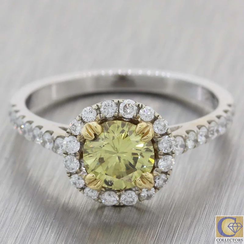 delicate pave engagement rings -Modern 18k White Gold 1.45ctw Fancy Yellow Diamond Halo Engagement Ring A8