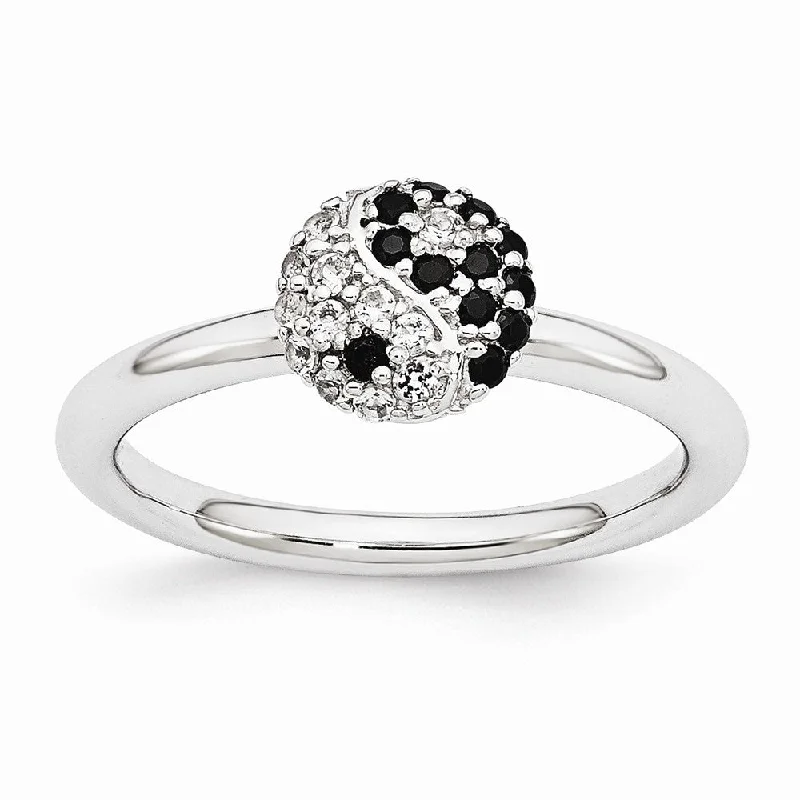 sapphire rings for women -Rhodium Sterling Silver Stackable White Topaz & Onyx 8mm Yin Yang Ring