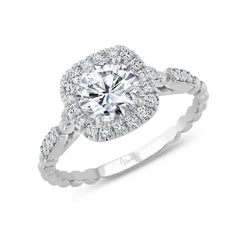 pear-shaped engagement rings -Uneek Us Collection Round Diamond Halo Engagement Ring, with High Polish Bead Accents and Milgrain-Trimmed Pave Bars