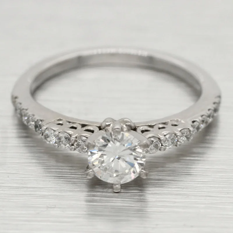 double band engagement rings -Vintage Petite 0.70ctw Diamond Engagement Ring - 14k White Gold - Size 3.75