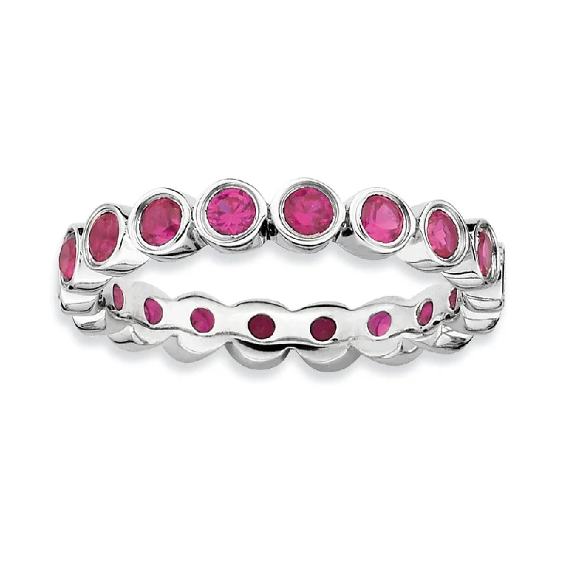 aesthetic rings for women -Sterling Silver Stackable Faceted Created Ruby 3.5mm Band