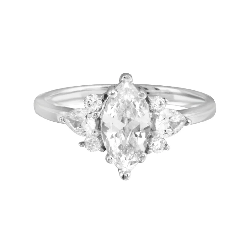 emerald cut engagement rings -Marquise Solitaire Engagement Ring with Pear and Round Side Diamonds