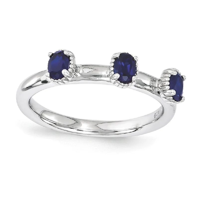 handcrafted rings for women -Sterling Silver Stackable Created Sapphire Oval Three Stone Ring