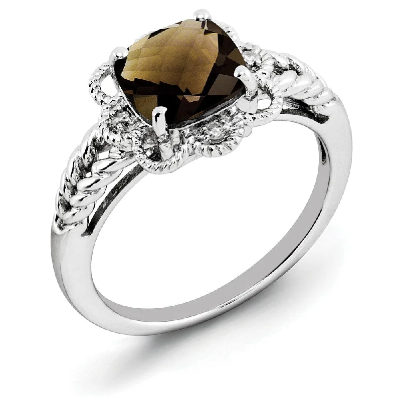 two-tone rings for women -Smoky Quartz & .04 Ctw Diamond Scalloped Sterling Silver Ring