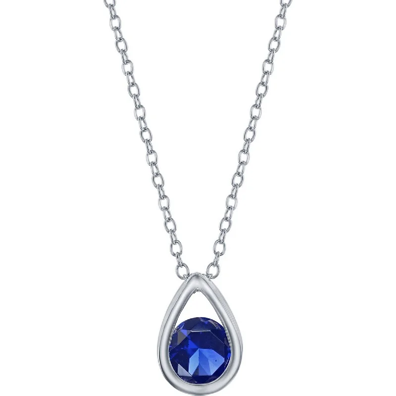 stackable pendant necklaces for women -Classic Women's Necklace - Sterling Silver Round Created Sapphire Pear-shaped | M-6895