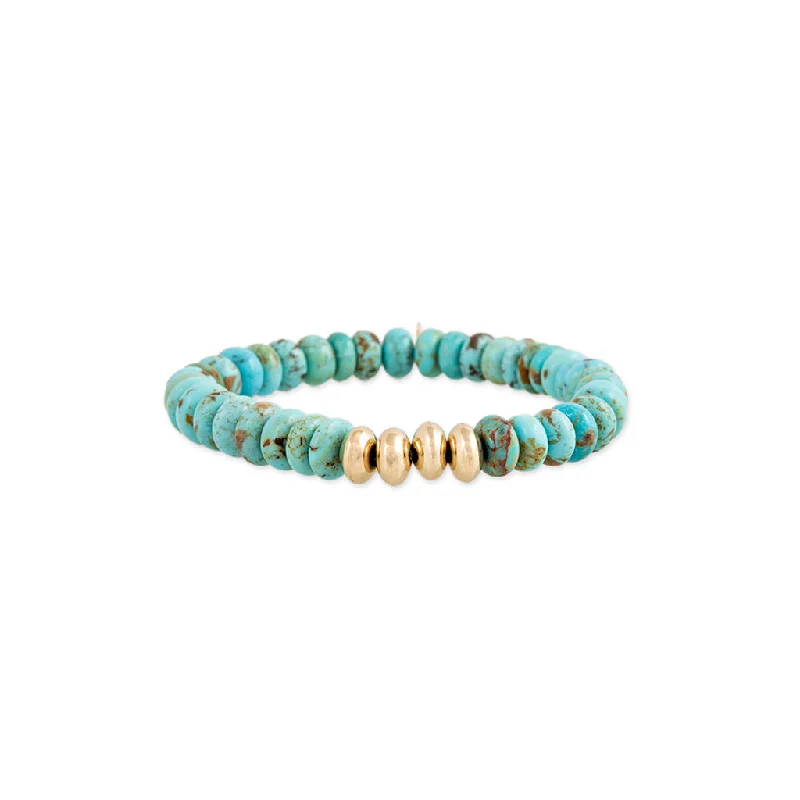 oval bracelets for women -4 GOLD BEADS + TURQUOISE BEADED STRETCH BRACELET