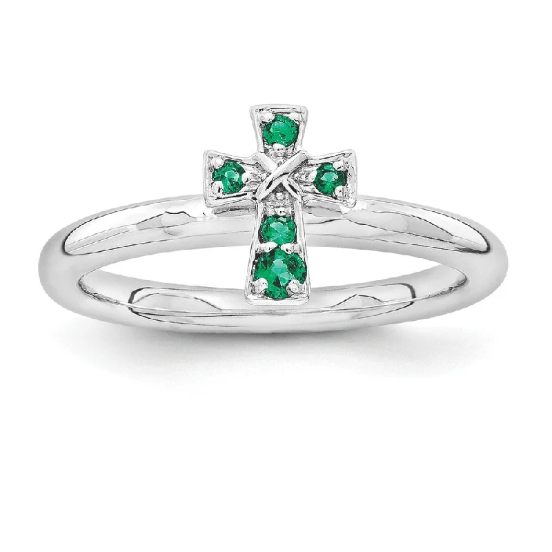 silver rings for women -Rhodium Sterling Silver Stackable Created Emerald 9mm Cross Ring