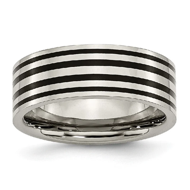 big statement rings for women -Titanium and Black Enamel, 8mm Striped Unisex Comfort Fit Band