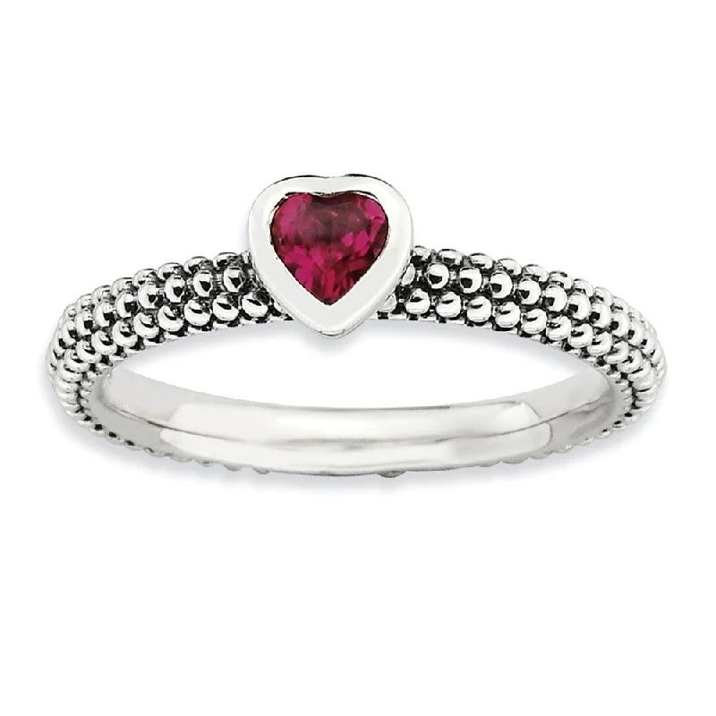 bar rings for women -Sterling Silver Stackable 1/3 Carat Created Ruby Heart Ring