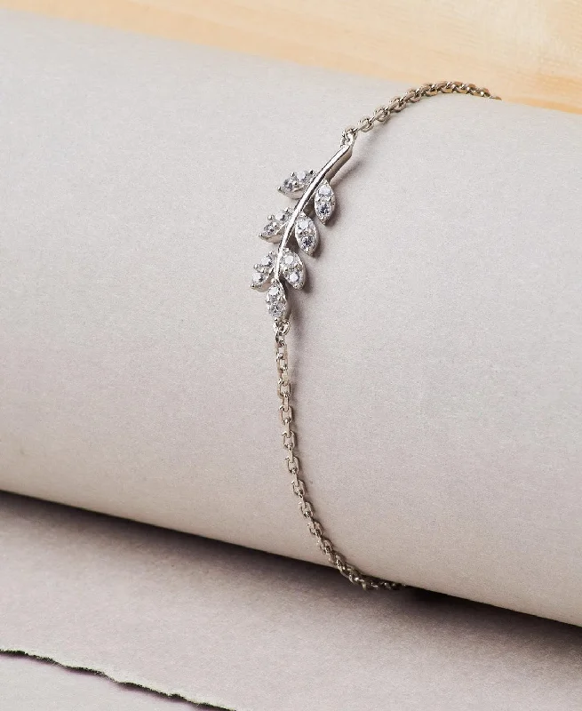 baroque pearl bracelets for women -Fashionable Leaf Stone Studded Silver Bracelet.