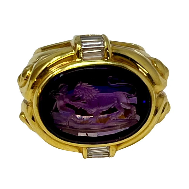 signet rings for women -Susan Berman 18K Gold Ring with Carved Intaglio Amethyst and Diamonds