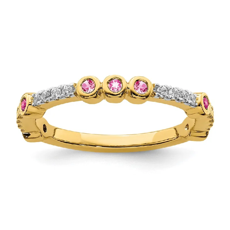 oval rings for women -2mm 14k Yellow Gold Pink Tourmaline & .08 Ctw Diamond Stackable Band