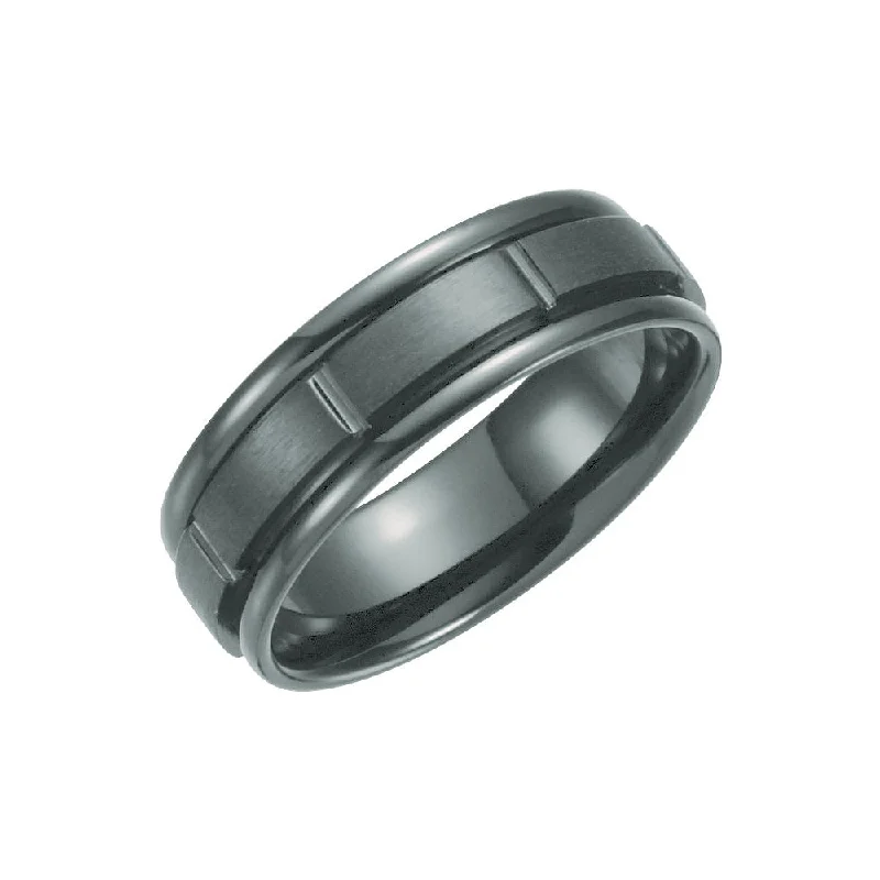 statement rings for women -7mm Black Titanium Grooved Comfort Fit Band