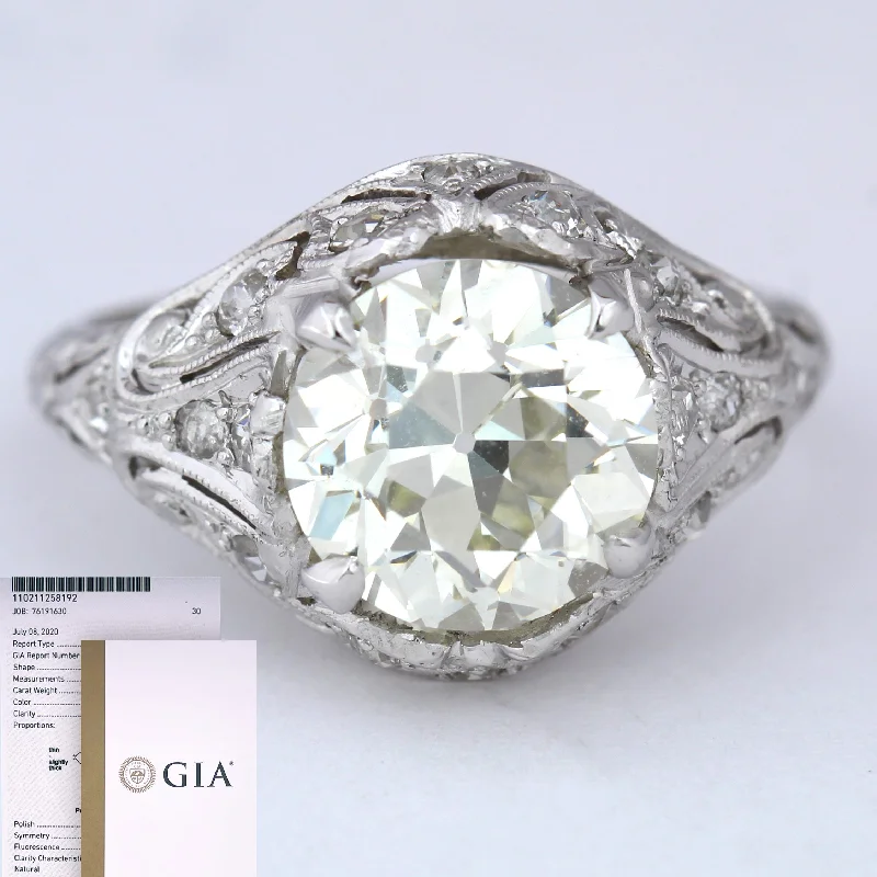 conflict-free engagement rings -GIA 1920s Antique Art Deco Solid Platinum 3.45ct Round Diamond Engagement Ring