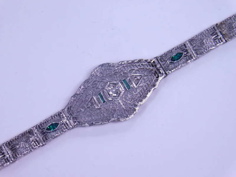 big statement bracelets for women -14K ART DECO DIAMOND AND GREEN STONE BRACELET