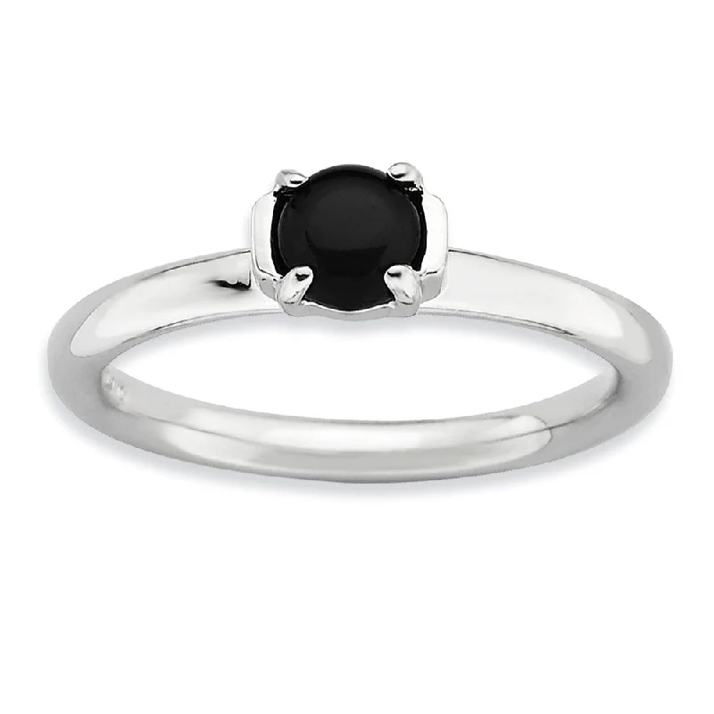 gemstone rings for women -Silver Stackable Black Agate Ring