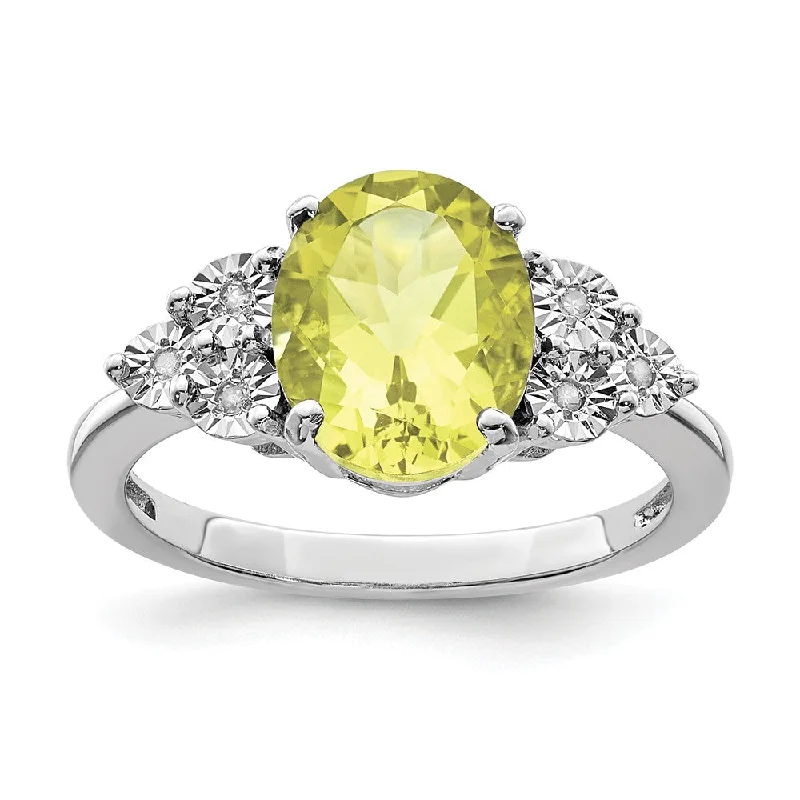 aesthetic rings for women -Oval Lemon Quartz & .03 Ctw Diamond Ring in Sterling Silver