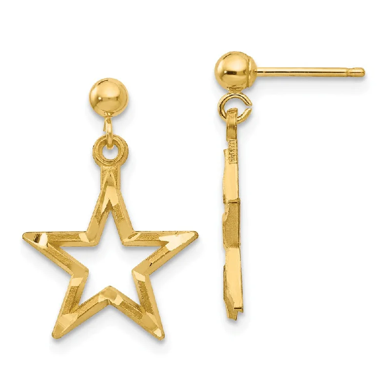 modern geometric earrings for women -13mm Diamond Cut Open Star Dangle Post Earrings in 14k Yellow Gold