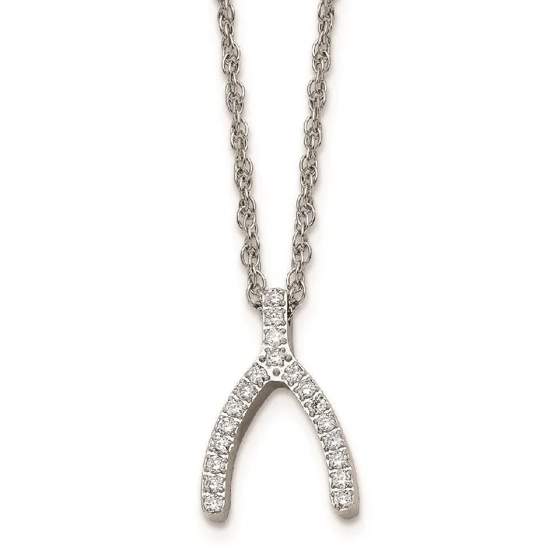 cubic zirconia solitaire necklaces -Stainless Steel w/CZ Wishbone Necklace