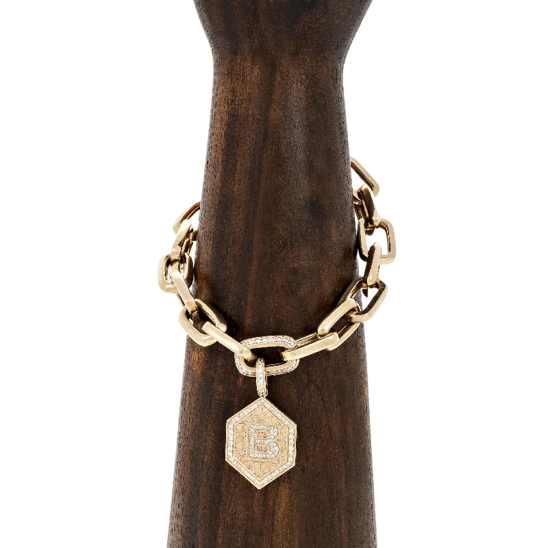 chain bracelets for women -PAVE INITIAL GEOMETRIC HEXAGON CHARM + LARGE 1 PAVE DIAMOND LINK BRACELET