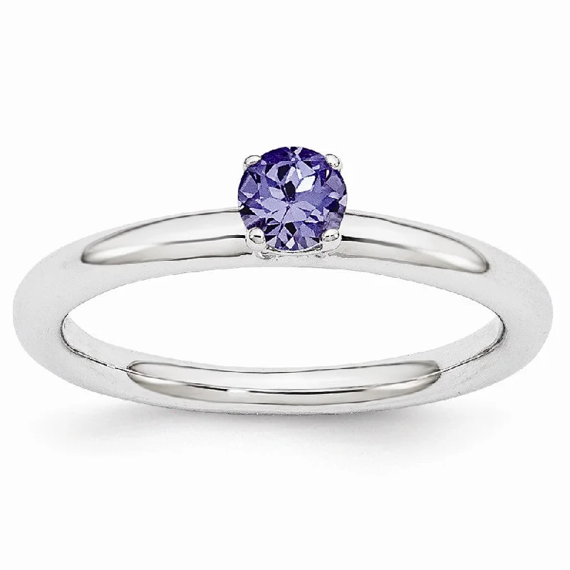 multi-layered rings for women -Rhodium Plated Sterling Silver Stackable 4mm Created Sapphire Ring