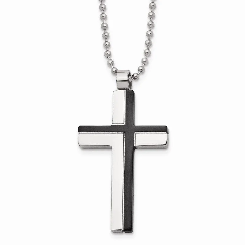 moon necklaces for women -Stainless Steel Polished and Laser Cut Black IP Cross Necklace