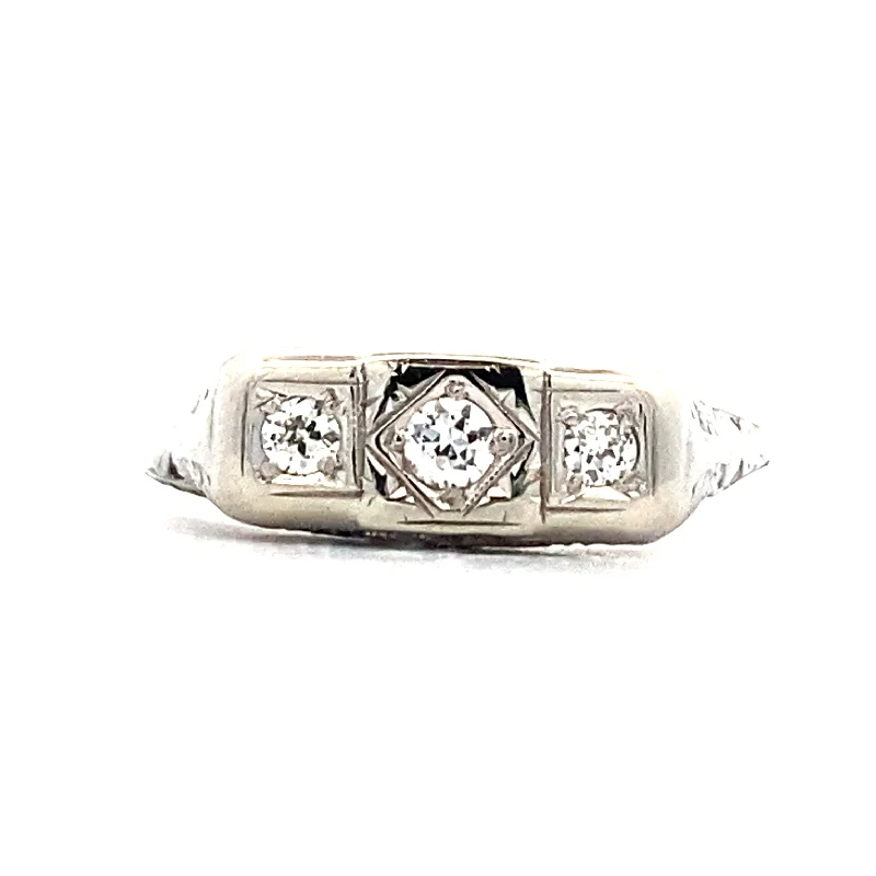 oval rings for women -Estate Vintage Three Stone Diamond Ring in White Gold