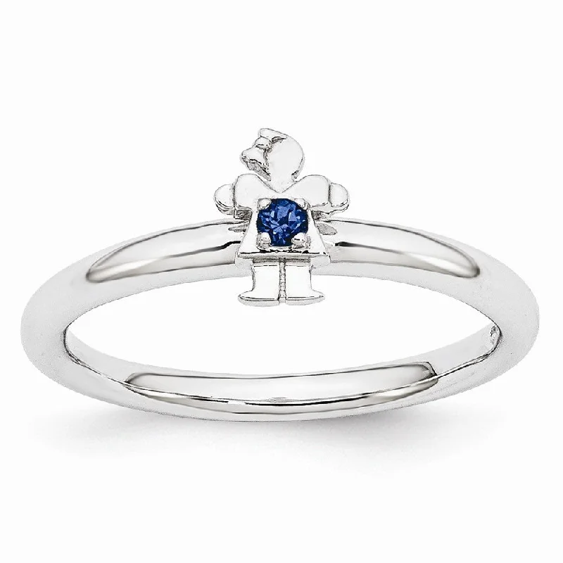 chunky rings for women -Rhodium Plate Sterling Silver Stackable Created Sapphire 7mm Girl Ring